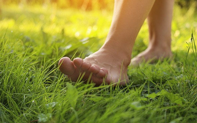 Barfu&szlig; laufende Person auf gr&uuml;ner Wiese im Sonnenlicht.